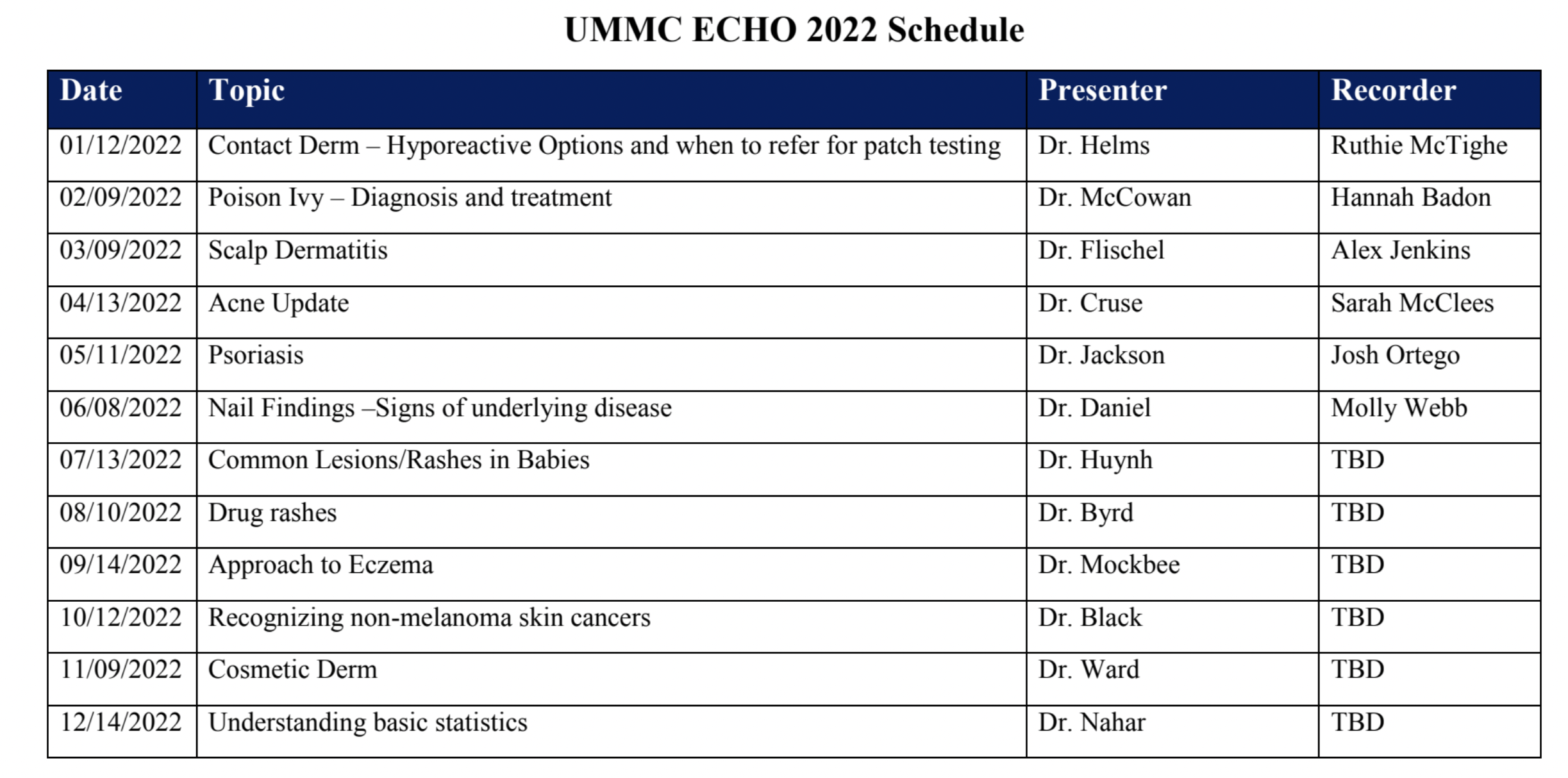 ECHO Series Dermtology Schedule